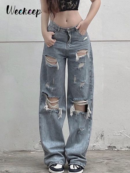 

weekeep casual ripped holes jeans high waist baggy straight cargo pants y2k aesthetic streetwear women 100% cotton 90s trousers 220815, Blue