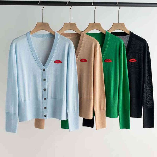 

women's knits tees early autumn product sweet lips embroidery 16 needle pure wool v-neck thin cardigan jacket women, White