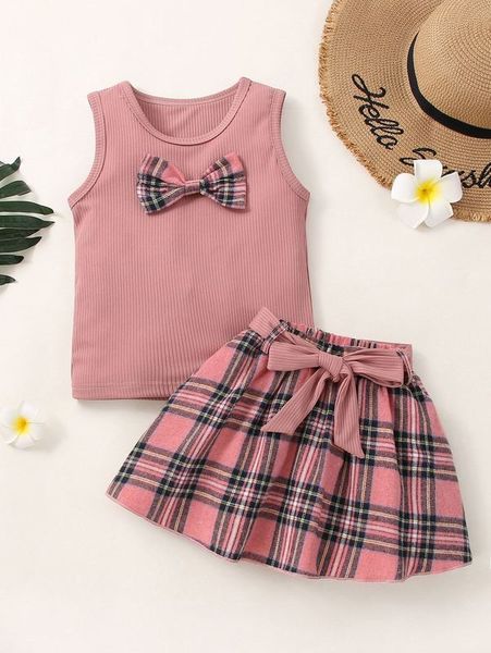 

toddler girls rib knit bow front tank & plaid belted skirt she, White