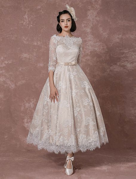 Champagne Vintage Uma linha Laço vestido de casamento meia manga chá comprimento retro país vestidos de noiva de volta Bateu Neck Vestidos de noiva Plus Size Robe de Mariee