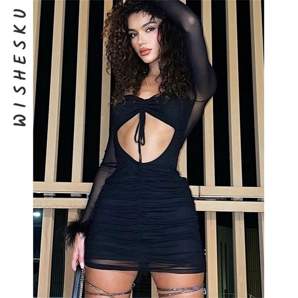 

women hollow out bodycon mini dress mesh long sleeve pleated slim fit low-cut dresses fall ladies party costume 220316, Black;gray