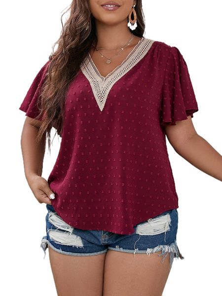 

plus swiss dot contrast guipure lace flutter sleeve blouse c1sp#, Black