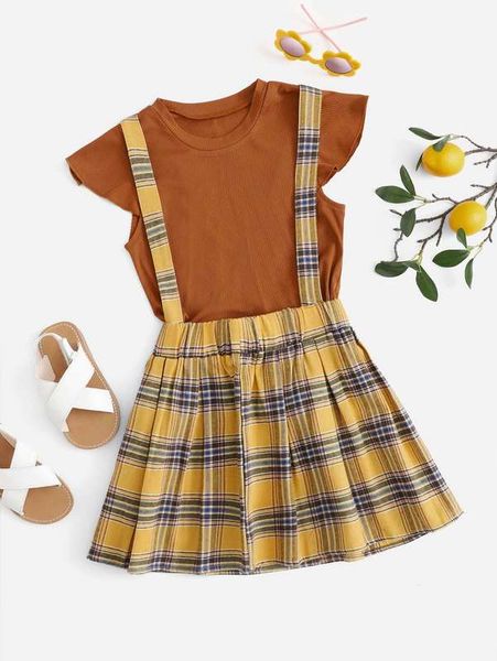 

girls ruffle trim & tartan print suspender skirt she, White