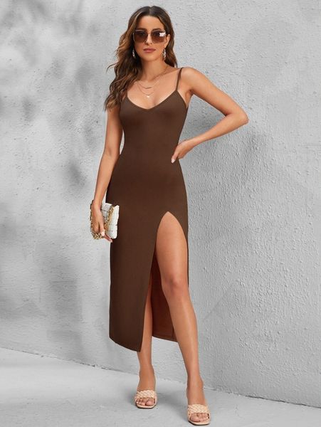 

v neck split thigh cami dress 66dg#, Black;gray