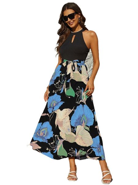 

floral print keyhole neckline belted dress 65kh#, Black;gray