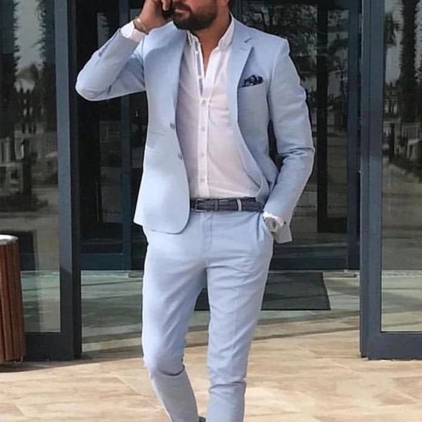 

sky blue linen beach men suits 2021 summer 2 piece slim fit groom tuxedo for wedding new male fashion jacket with pants, Black;gray