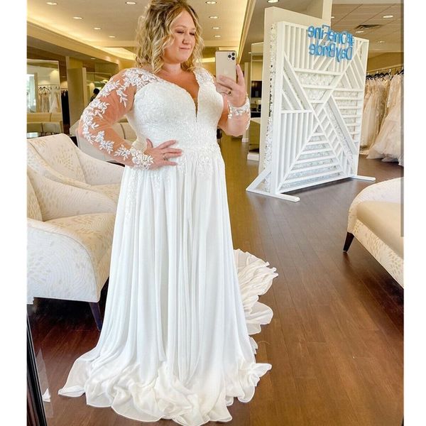 

2022 plus size v-neck wedding dresses sheer full long sleeves lace appliques a line boho dress bridal gowns formal robe de mariee, White