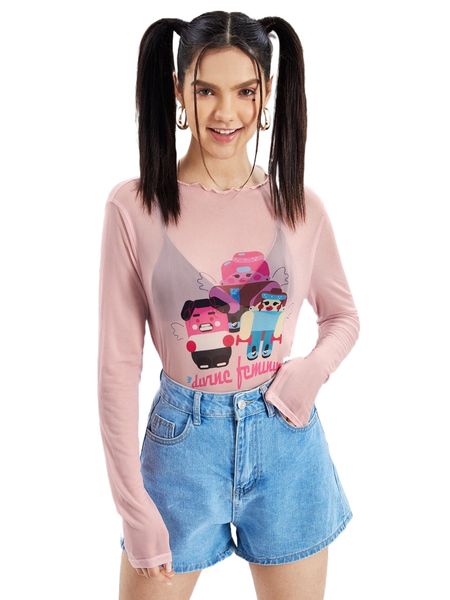 

x ors cartoon and letter graphic lettuce trim sheer mesh without bra a5nr#, White