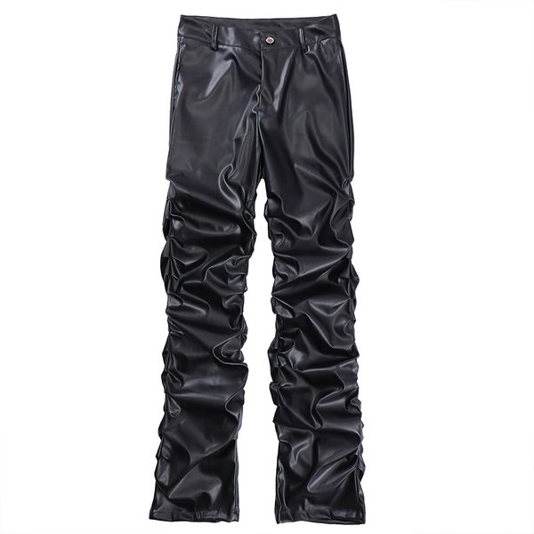 Черная мужская высокая улица черная плиссированная сложенные кожаные брюки мужская модная улица Хипхоп Тень.