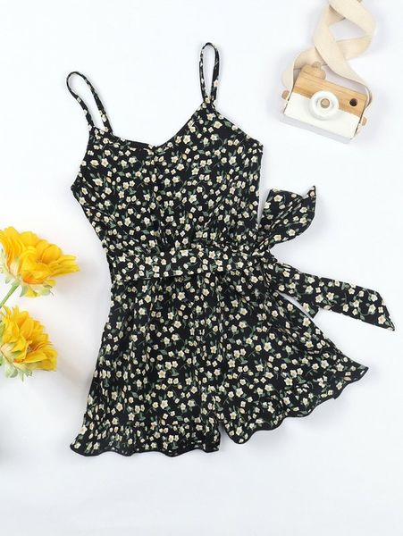 

toddler girls 1pc allover floral print ruffle hem belted cami romper she, Blue