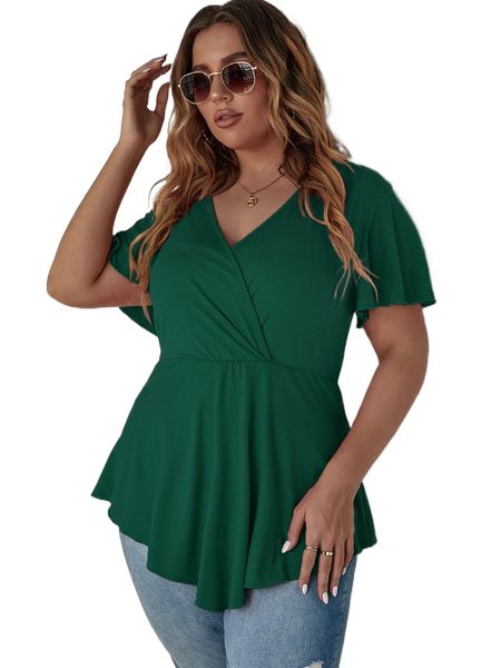 

plus flutter sleeve overlap collar peplum hem tee q3cw#, Black