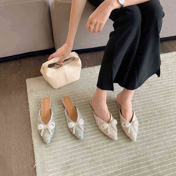

slippers new arrivals pointed toe shallow slides rhinestone casual ladies outdoor mules shoes flat heeled party bow design 220328, Black