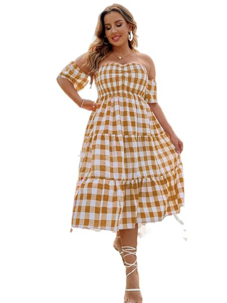 

plus buffalo plaid off-shoulder shirred ruffle hem dress j8oe#, Black