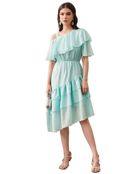 

asymmetrical shoulder flutter sleeve asymmetrical layered hem dress a7rm#, Black;gray