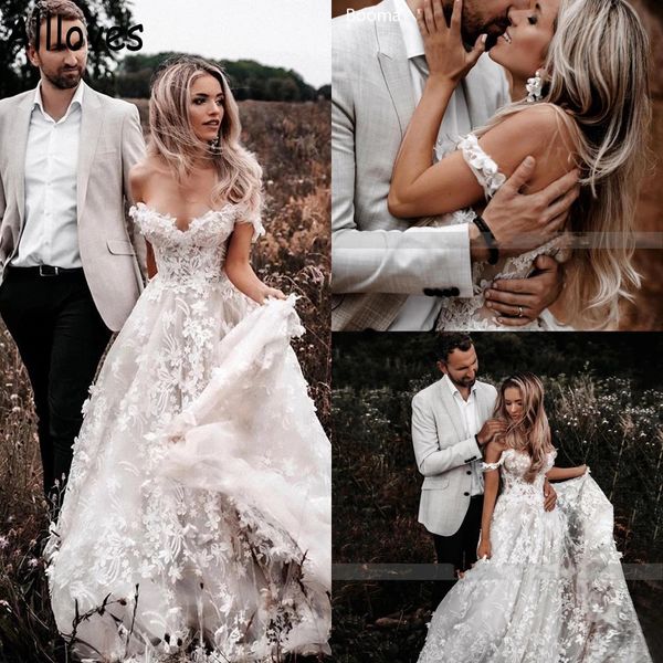 

gorgeous 3d floral lace bohemian country wedding dress with sweep train a line vestidos de novia off the shoulder plus size arabic bridal go, White