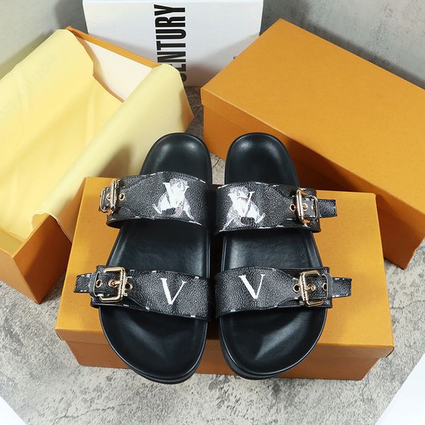 

slippers bom dia flat mule 1a3r5m cool fashion slippers 2 strap adjustment gold buckle ladies men summer shoes05, Black