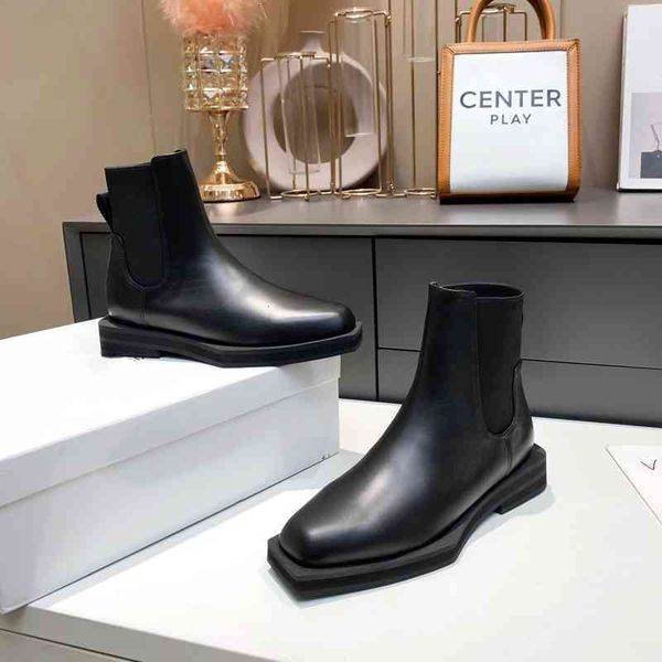 

boots leather boots women's winter shoes square head chelsea series, Black