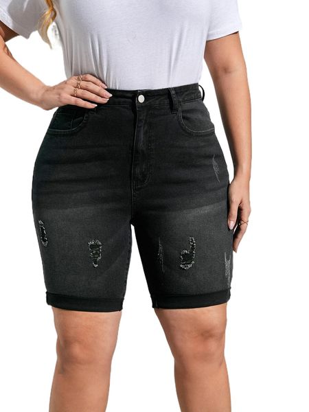 

plus ripped roll up leg denim shorts r22u#, White;black