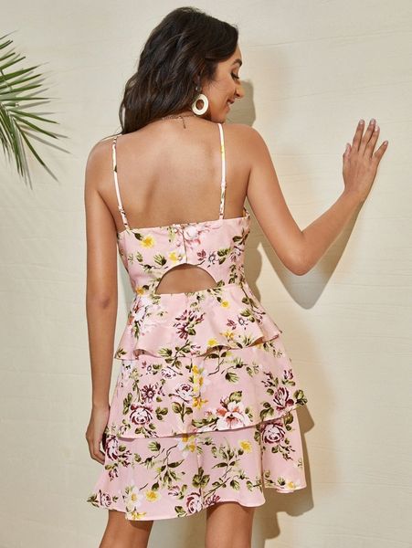 

allover floral print layered hem dress q7z5#, Black;gray