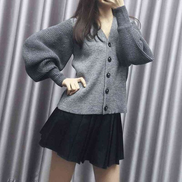 

women's knits & tees dark gray cardigan lantern sleeve v-neck spring and autumn lazy style college style men's women's long s, White