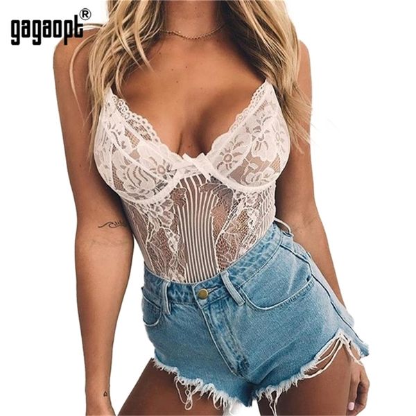 Gagaopt Sexy Bodysuit Женский галстук -бабочка для бабочки цветочный вышивка Hollow Out кружевное боди черное белое комбинезон летний комбинезон T200116