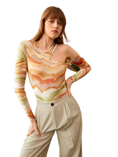 

marble print asymmetric neck bodysuit 30re#, White