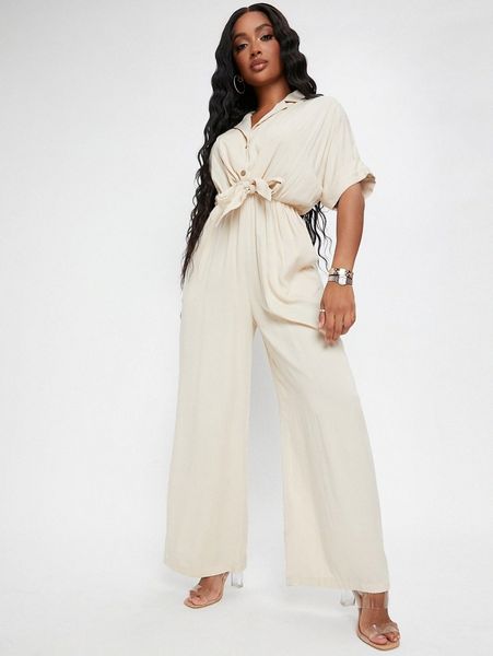

sxy knot front half button wide leg jumpsuit g7fj#, Black;white