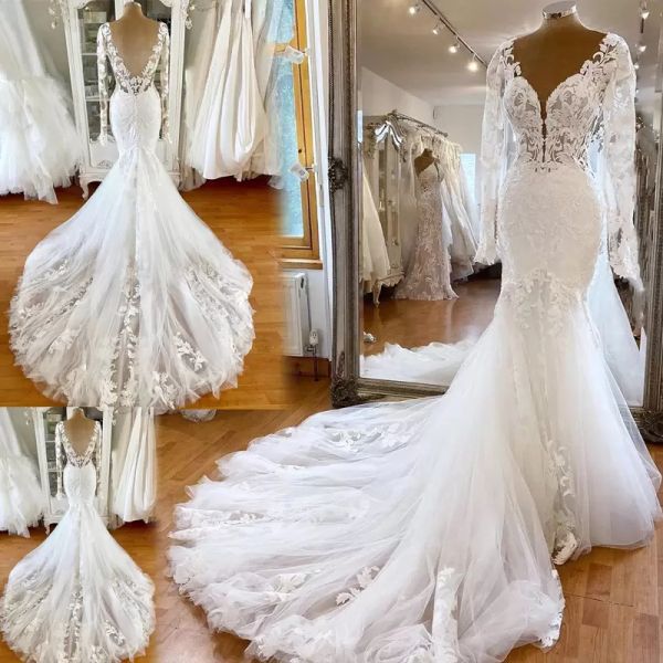 

2022 gorgeous mermaid wedding dresses lace applique bridal gown v neck backless long sleeves sweep train custom made plus size arabic illusi, White