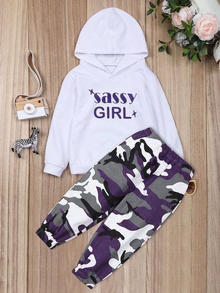 

toddler girls letter graphic hoodie & camo print pants she, White