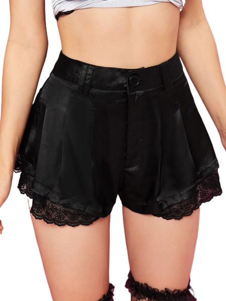 

contrast lace fold pleated satin shorts v5f4#, White;black