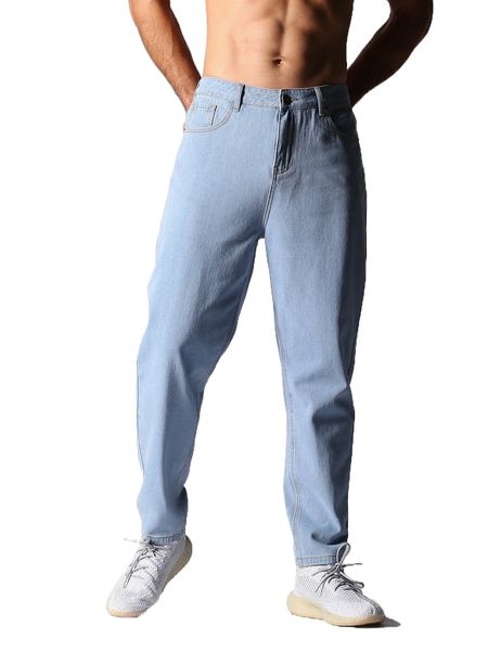 

men washed slant pocket tapered jeans 15fe#, Blue