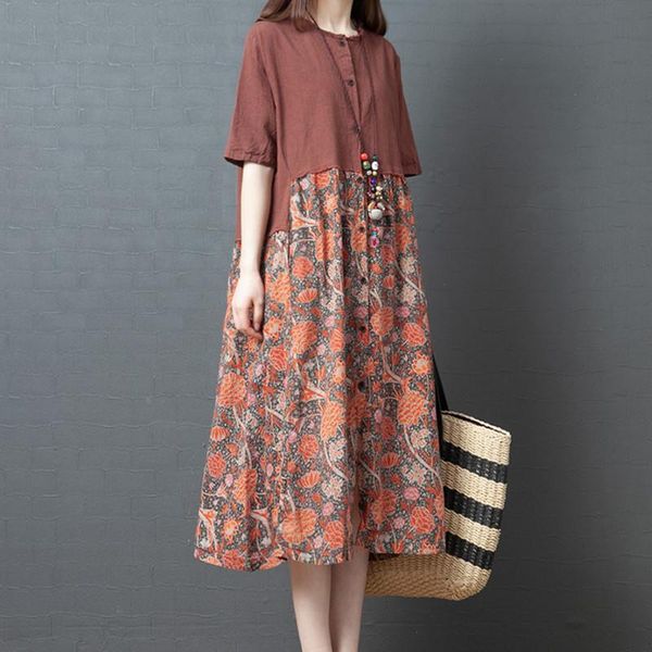 

short sleeve button loose shirt blouse dress cotton linen patchwork print vintage women summer holiday casual, Black;gray