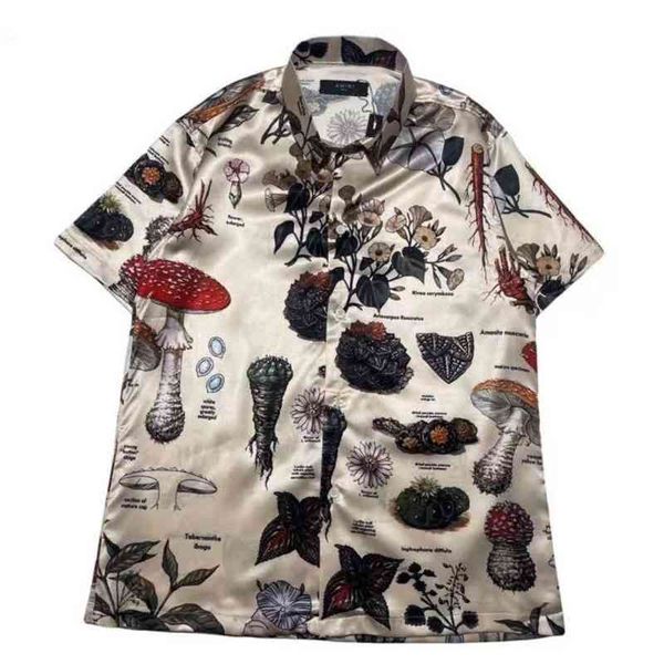 

herb mushroom printed silk short sleeve shirt for men and women, White;black