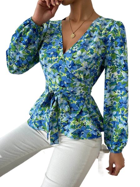 

allover floral print lantern sleeve belted blouse k4py#, White