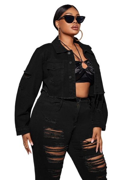 

sxy plus ripped raw trim flap pocket denim jacket e06e#, Black;brown