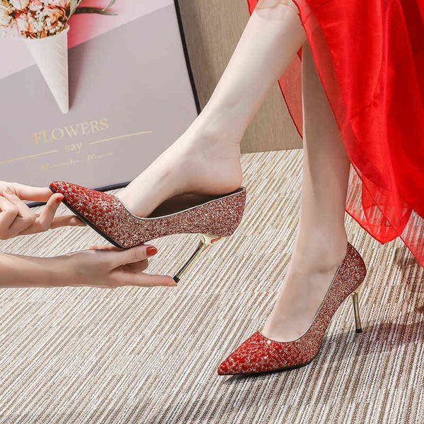 

31-43 size wedding 2022 bride red high heel's thin heel pointed shallow mouth single shoes, Black