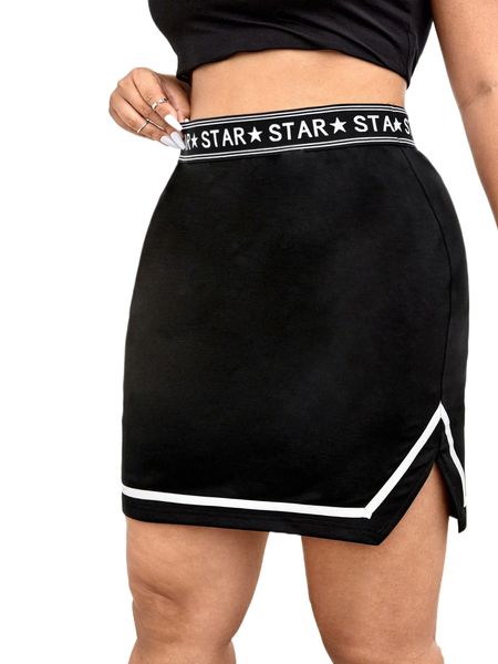 

plus contrast letter tape split hem bodycon skirt g5cb#, Black