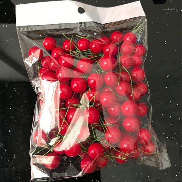 Decorações de Natal 50/100 PCs Red Mini Fake Fruit Artificial Flower Cherry Stamen Gifts Para o ano pendente árvore Berry