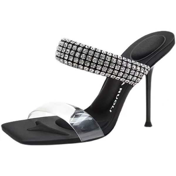

rhinestone sandals op55 women's transparent word strap the new 2022 square toe crystal stiletto black heels big fashion brands in europ