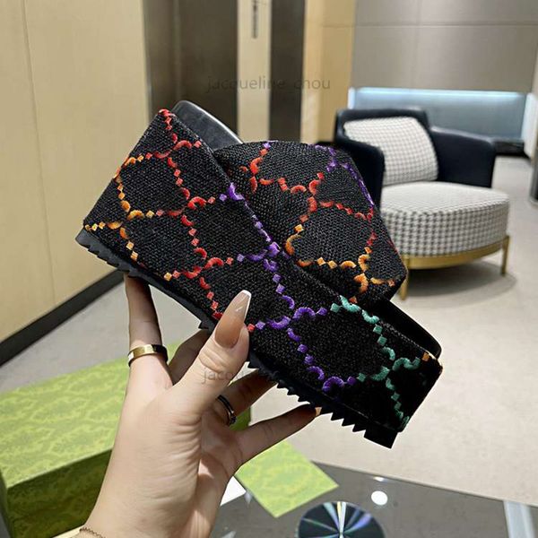 

summer designer wedges sandal slippers fashion embroidered canvas women printing letter platform slides beach slipper shoes, Black