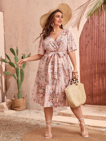 

plus floral print ruffle hem butterfly sleeve belted dress f2w2#, Black