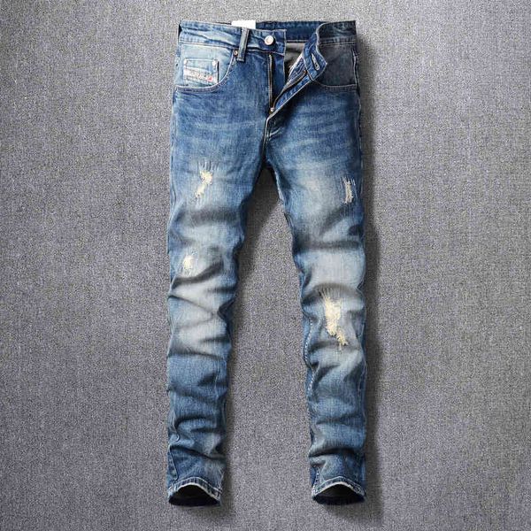 

men's jeans fashionable men's jeans worn blue hole patch street fashion micro elastic slim fit men awt4