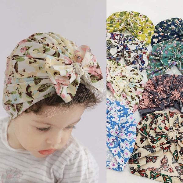 

flower print girls hat for newborn infant toddler bow cap head wraps soft cotton baby boys girls turban hats, Yellow