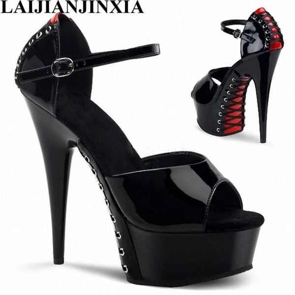 

laijianjinxia new 6 inch pointed stiletto high heels open toe cross bandage women's 15cm heel sandals platform women pumps s20326, Black