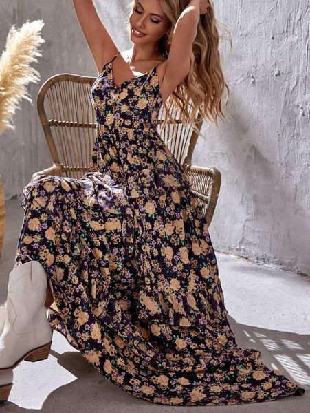 

floral print layered ruffle hem cami dress without i4vb#, Black;gray