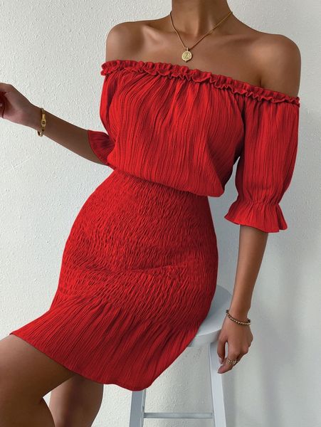 

off the shoulder frill trim shirred dress a54f#, Black;gray