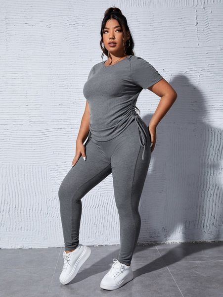 

plus drawstring tee & leggings p97j#, Black