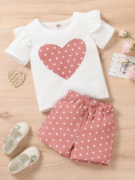 

toddler girls polka dot ruffle trim tee & knot waist shorts she, White