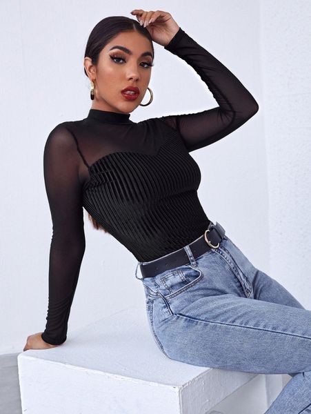

mock-neck mesh yoke velvet tee z9du#, White