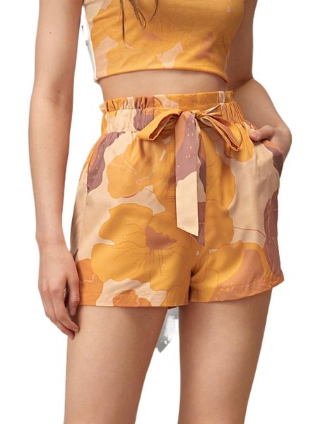 

x t margarite floral print tie paperbag waist shorts j6zm#, White;black